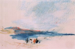 Een baai, met blauw water en figuren op de voorgrond